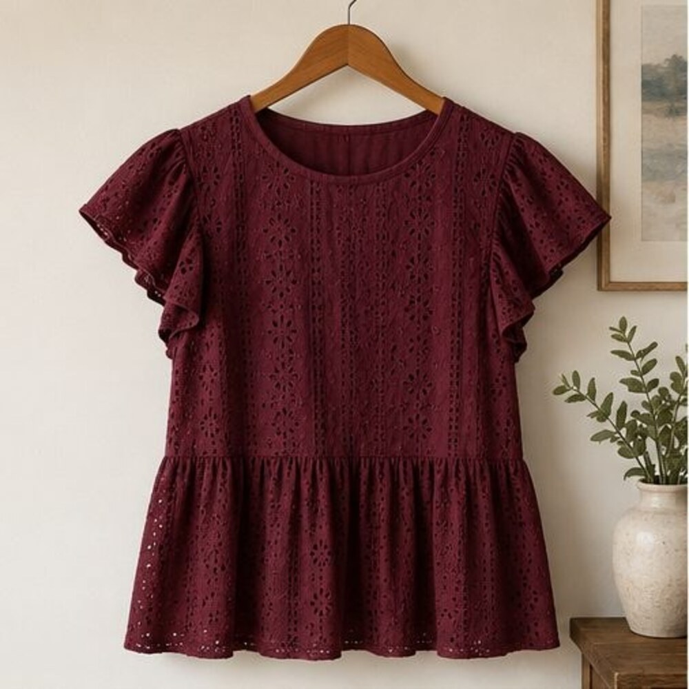 Burgundy Eyelet Peplum Blouse